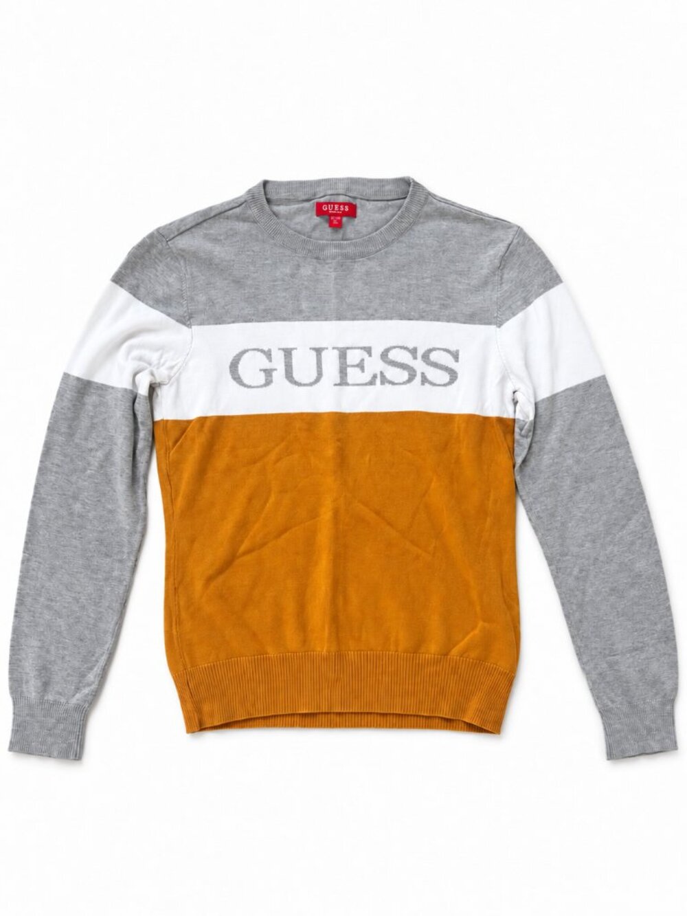 GUESS Colorblock Logo Sweater Gray White Mustard Size L